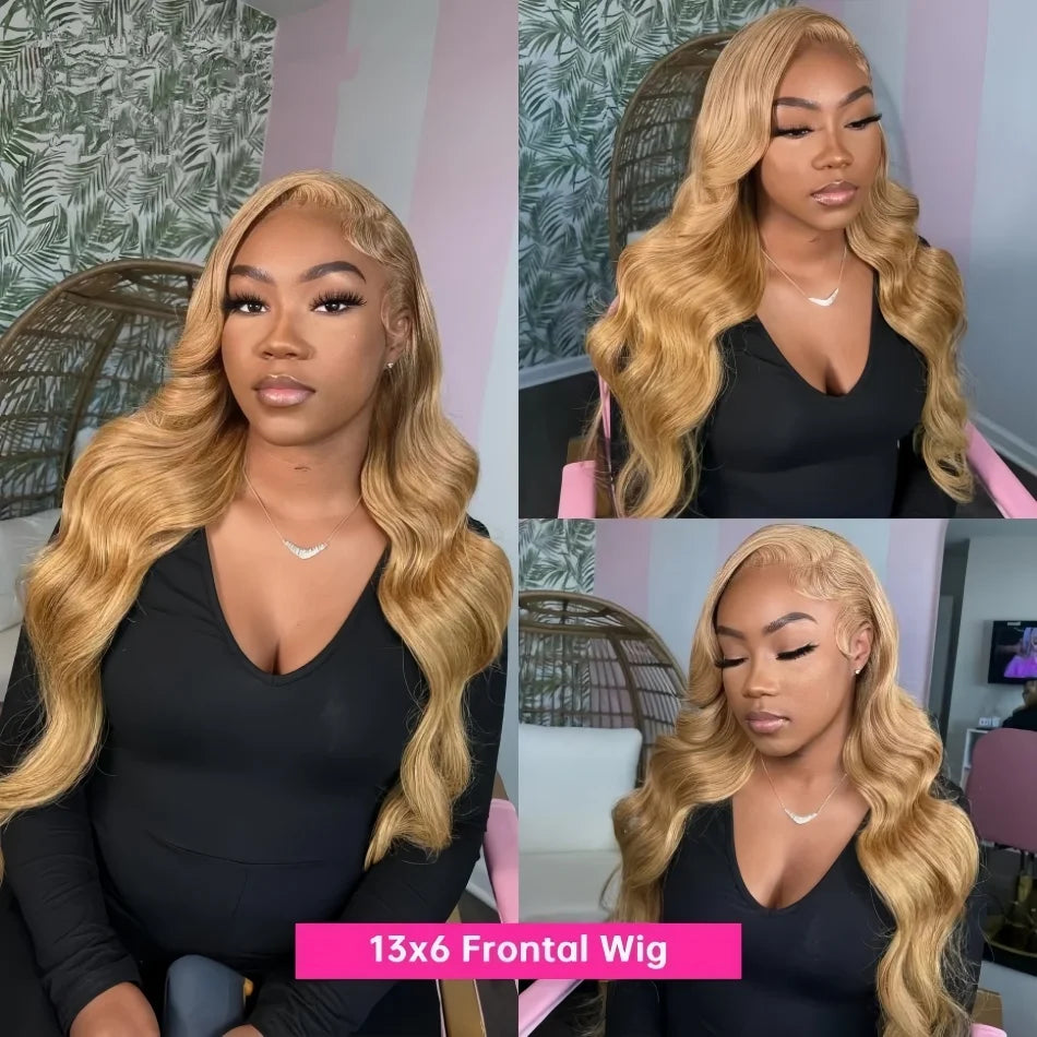 Peluca Frontal de Encaje 13x6 HD Rubia Miel Ondulada – 100% Cabello Humano Brasileño Predesplumada