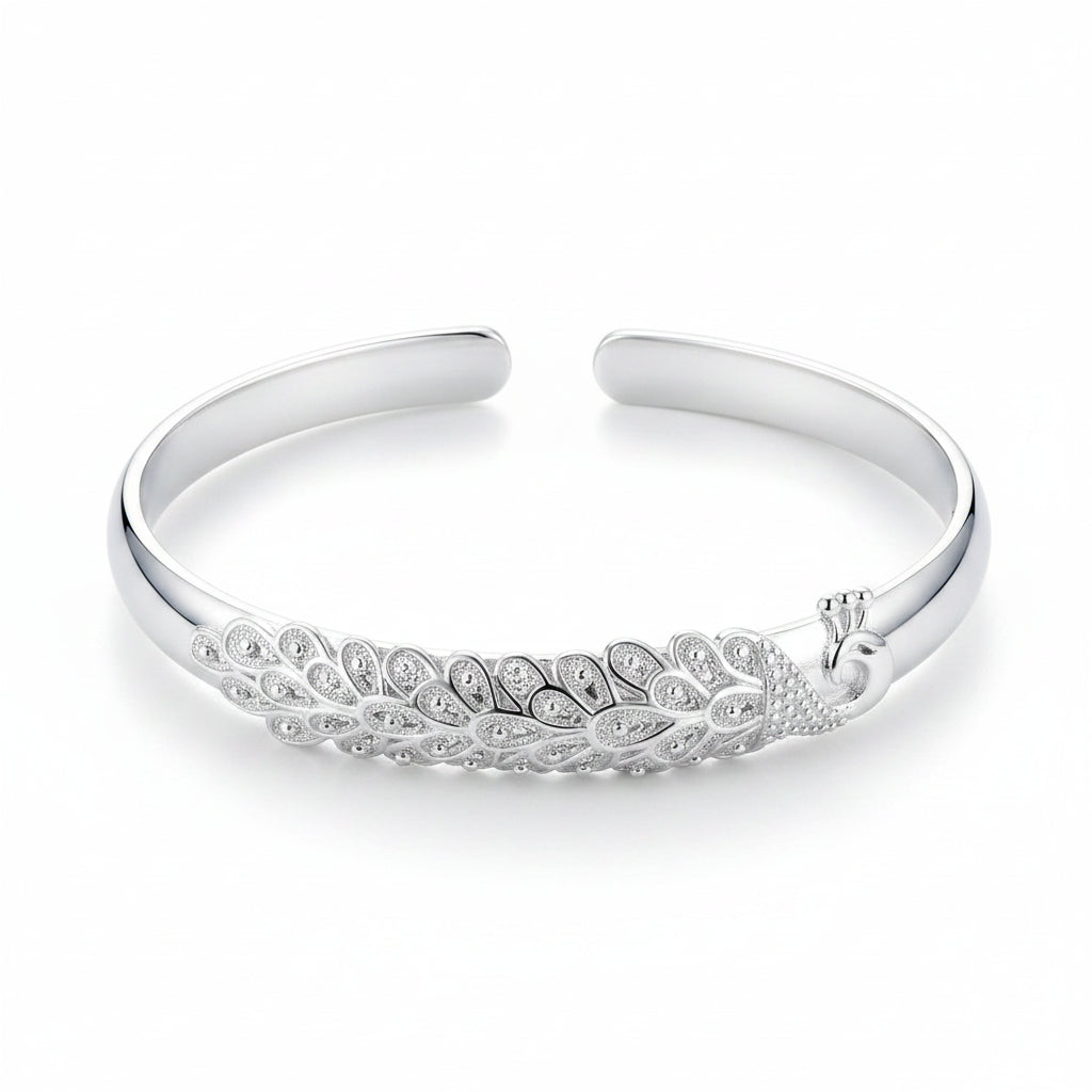 Pulsera Plata 925 Sterling Silver Pavo Real Elegante Apertura - Brazalete Mujer Moda Fiesta Boda Accesorio Regalo