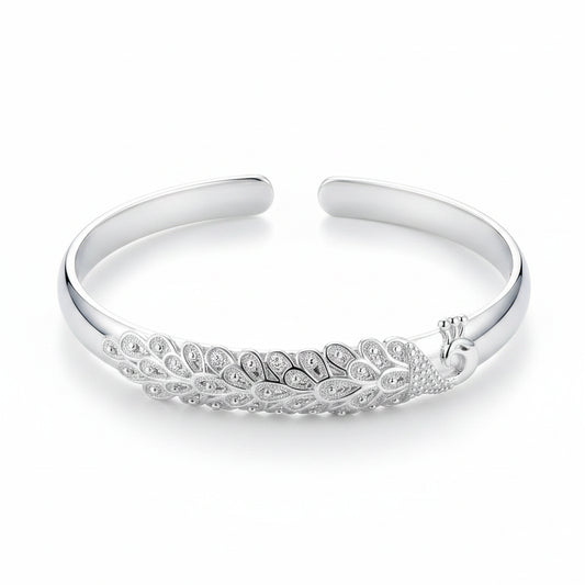 Pulsera Plata 925 Sterling Silver Pavo Real Elegante Apertura - Brazalete Mujer Moda Fiesta Boda Accesorio Regalo