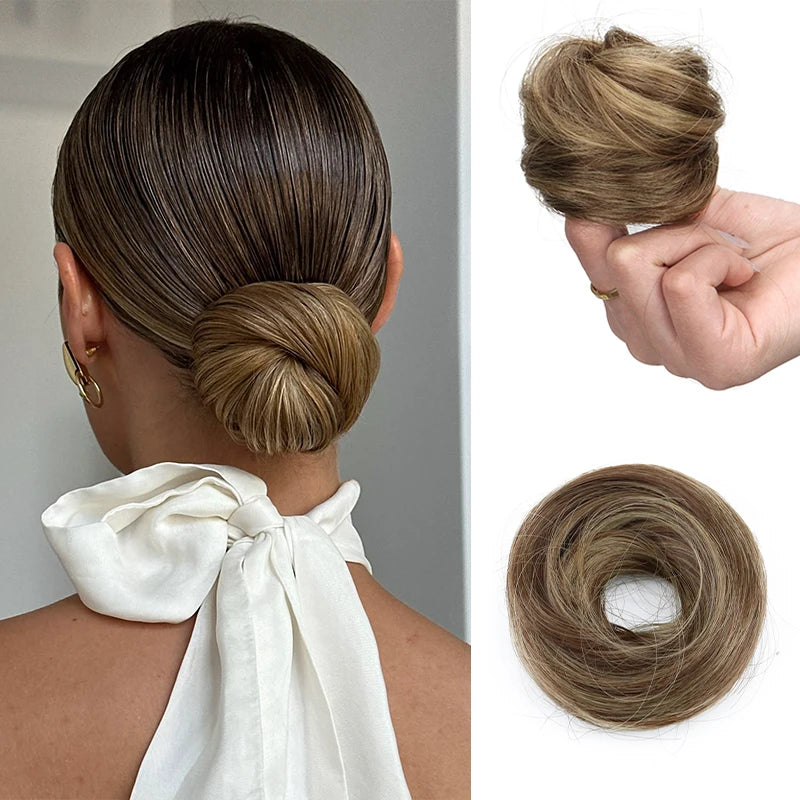 Moño de Cabello Sintético Liso y Corto – Chignon Resistente al Calor, Fácil de Usar | Accesorios para Mujer