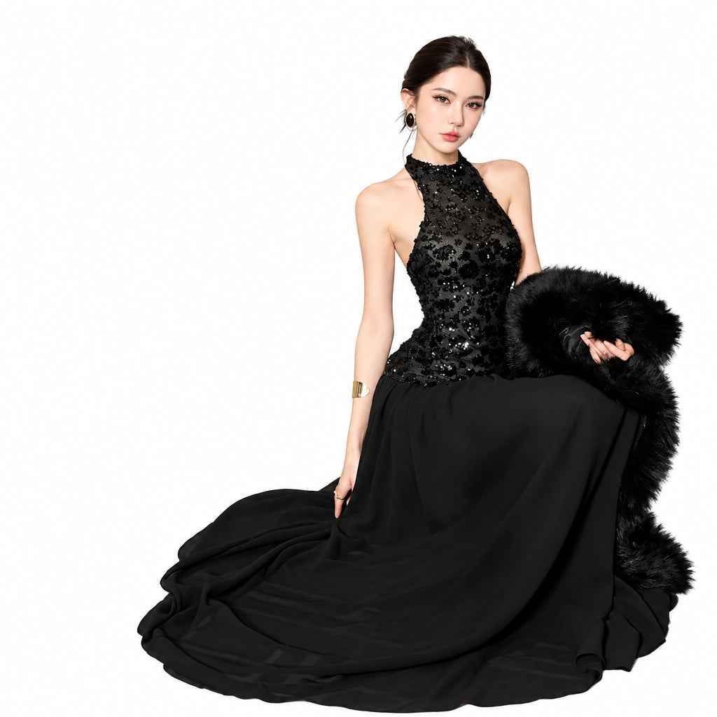 Vestido Largo Negro Cuello Halter y Espalda Descubierta para Mujer