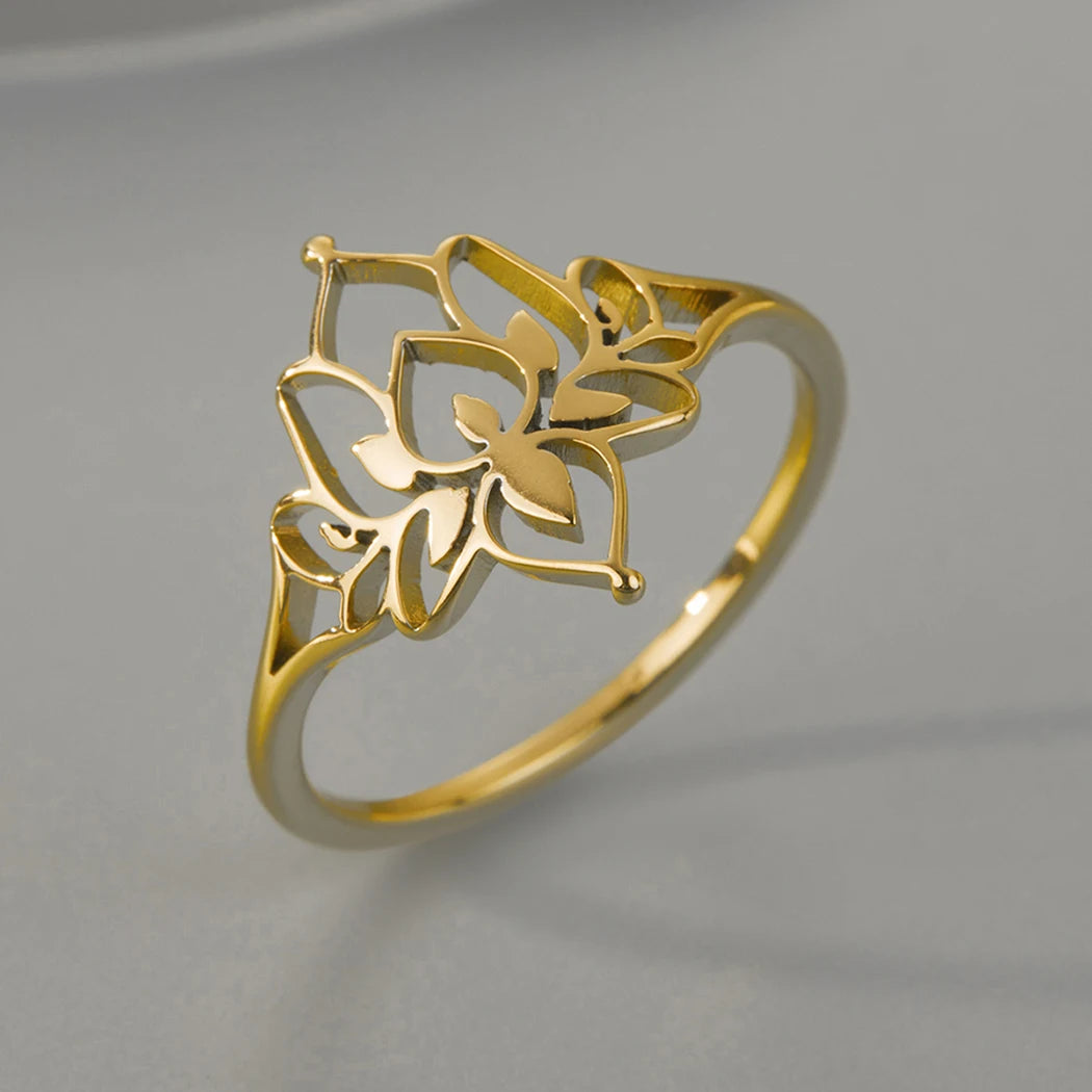 Anillo Loto Oxidado Acero Inoxidable Mujer