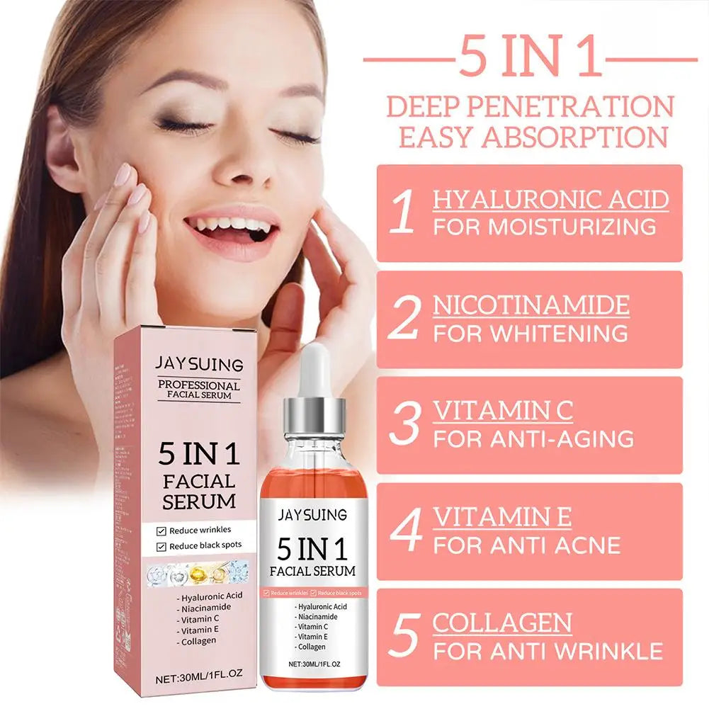 Sérum Facial 5 en 1 – Vitamina C, Ácido Hialurónico, Reafirmante, Iluminador y Reductor de Poros