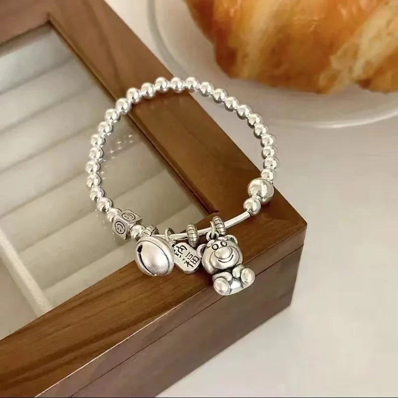 Pulsera Plata 925 Oso Fresa con Campana de la Fortuna para Mujer