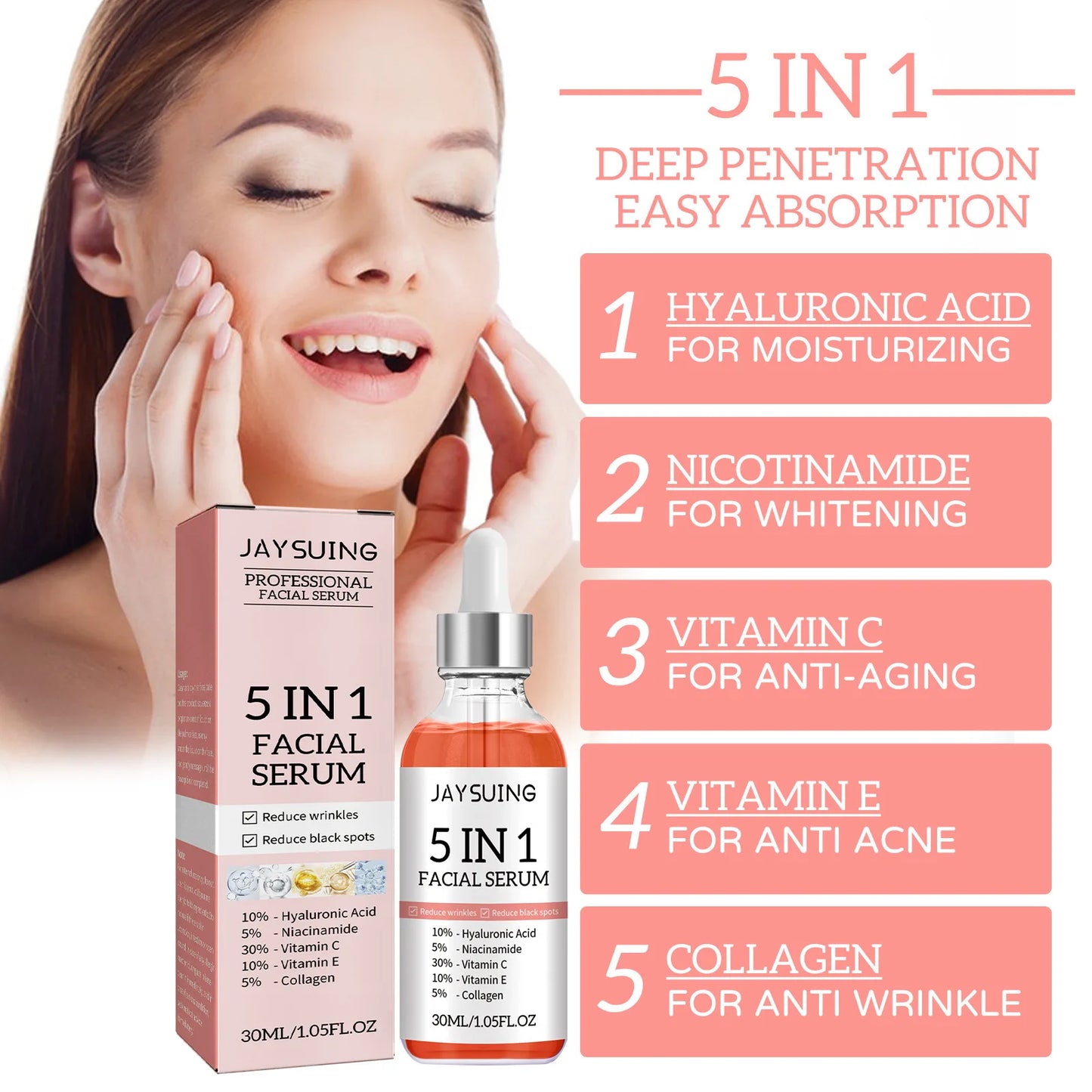 Sérum Facial 5 en 1 Jaysuing – Ácido Hialurónico, Vitamina C, Colágeno y Niacinamida 30ml