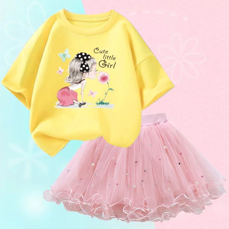 Fashion Summer Girls Clothes Korean Pretty T Shirt&mesh Tutu Skirt Two Piece Outfits Set 3-14 Year Children Party Clothing