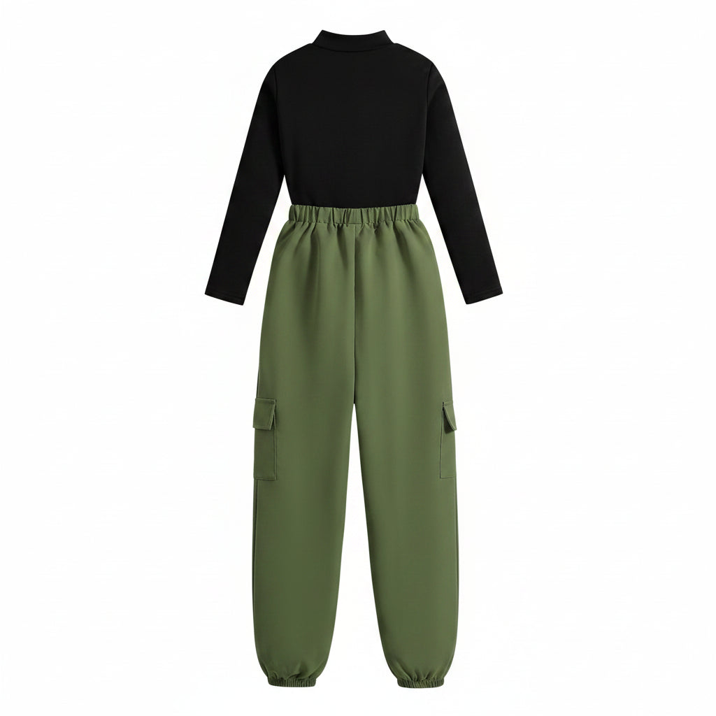 Conjunto Niña 2 Piezas – Blusa Negra Manga Larga + Pantalón Deportivo Verde Militar