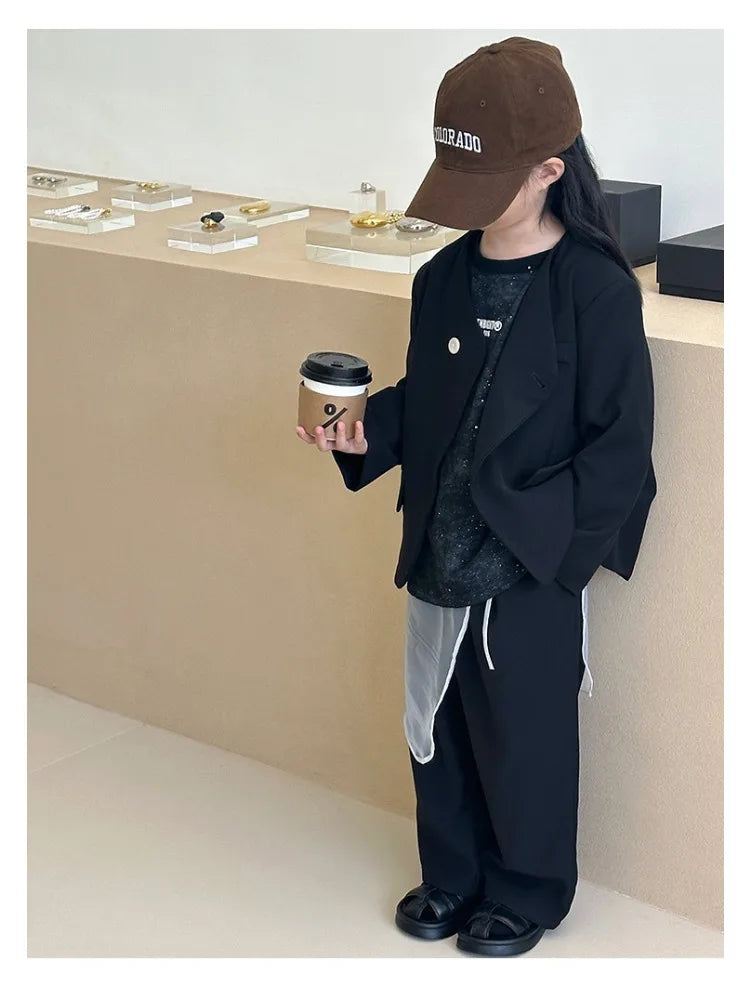Girls Grey Suit Spring 2026 Casual Loose Blazer Skirt Two Pieces School Uniform for Kids Wedding Party Formal Costumes 2-13 Year