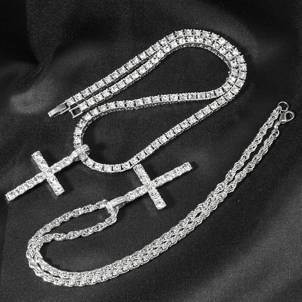 Collar Colgante Cruz Hip Hop con Cadena Tenis Zircon para Hombre y Mujer