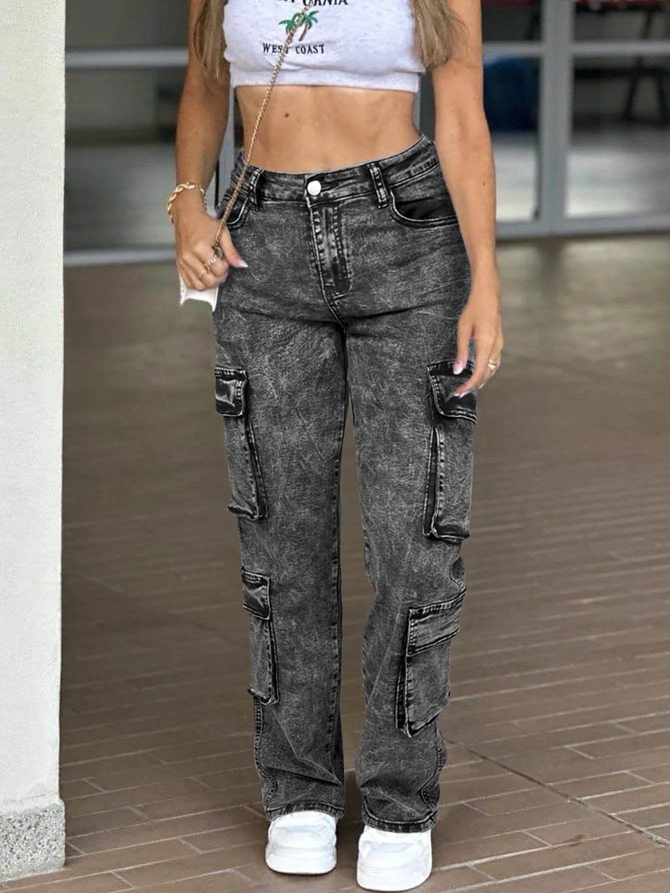Vintage Y2k Washed Multi-Flap Pocket Straight Leg Cargo Jeans Women's Mid-Rise Versatile Streetwear Campu Sall Seasons Match