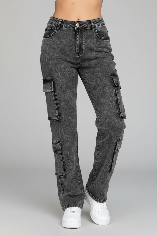 Jeans Cargo Y2K Vintage Lavados Pierna Recta – Múltiples Bolsillos Streetwear para Mujer