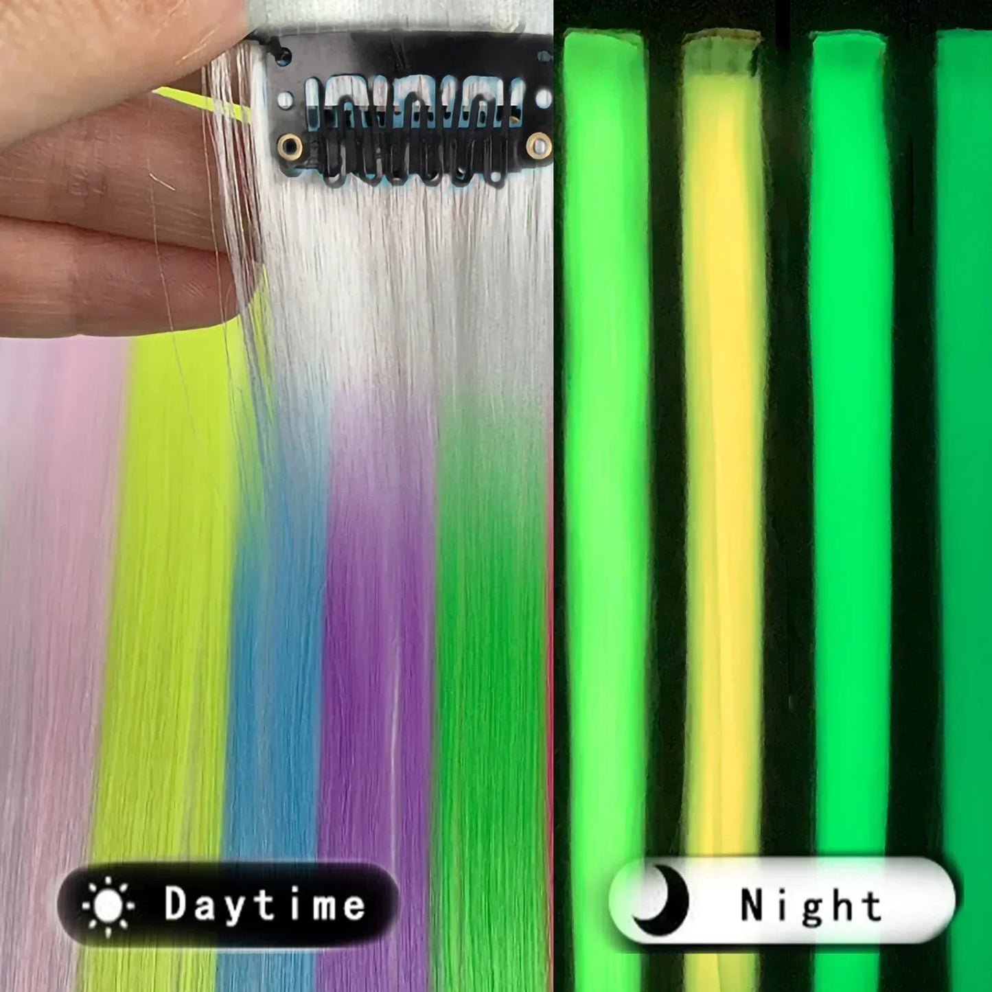 Extensión de Cabello Sintética 20" con Clip que Brilla en la Oscuridad – Mechones Luminosos de Colores
