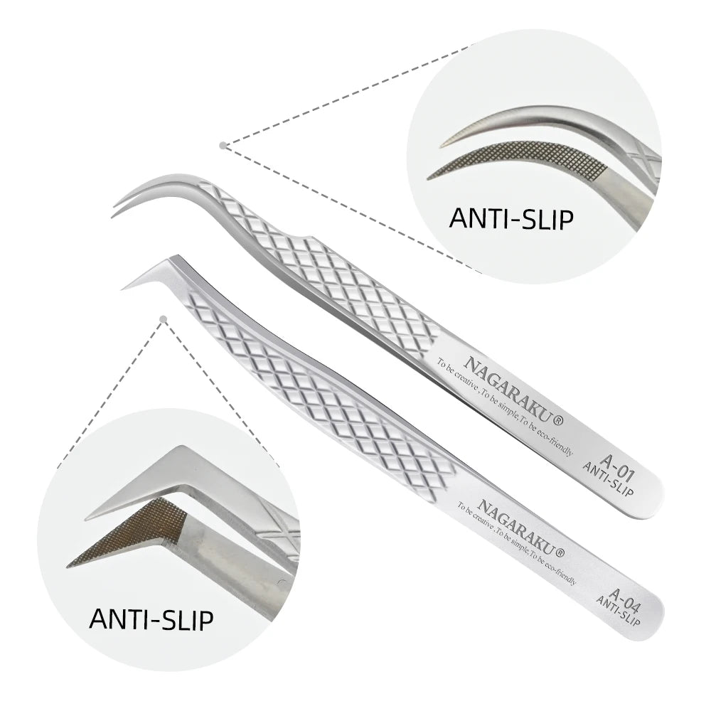 Pinzas Profesionales para Extensiones de Pestañas Acero Inoxidable - NAGARAKU Precisión 3D Maquillaje