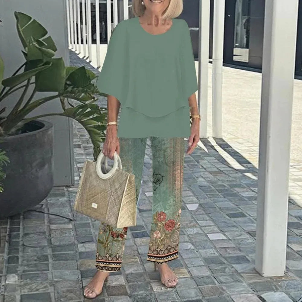Conjunto 2 Piezas Verano Mujer | Top Estampado + Pantalón Pierna Ancha
