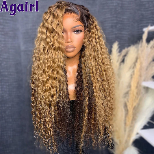 Peluca Curly Honey Blonde 13x6 | Cabello Humano Ombre 200% Densidad Glueless