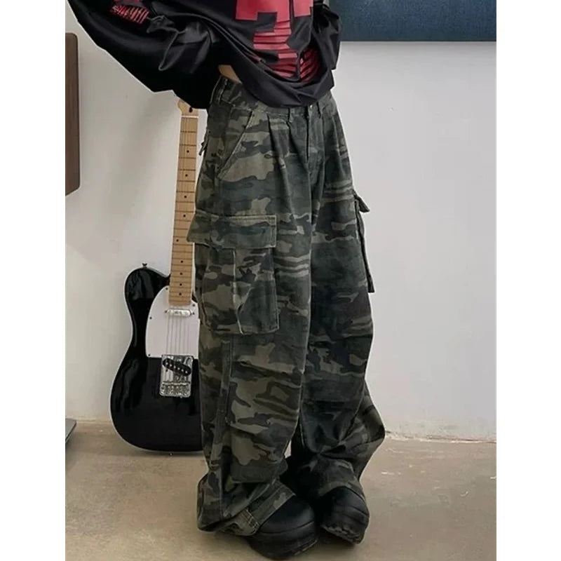 Military Green Womens Jeans High Waist Vintage Straight Baggy Y2K Denim Pants Hip Hop American Fashion Wide Leg Denim Trouser