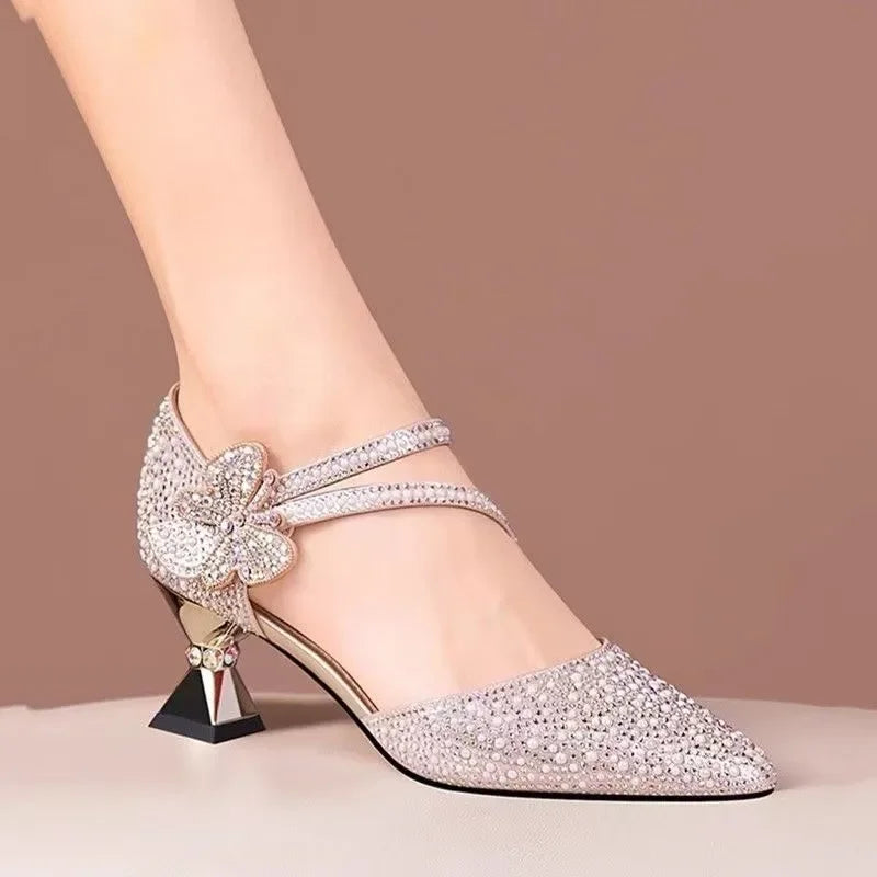 Sandalias Tacón Alto Mujer - Punta Fina Rhinestone Transpirables Verano