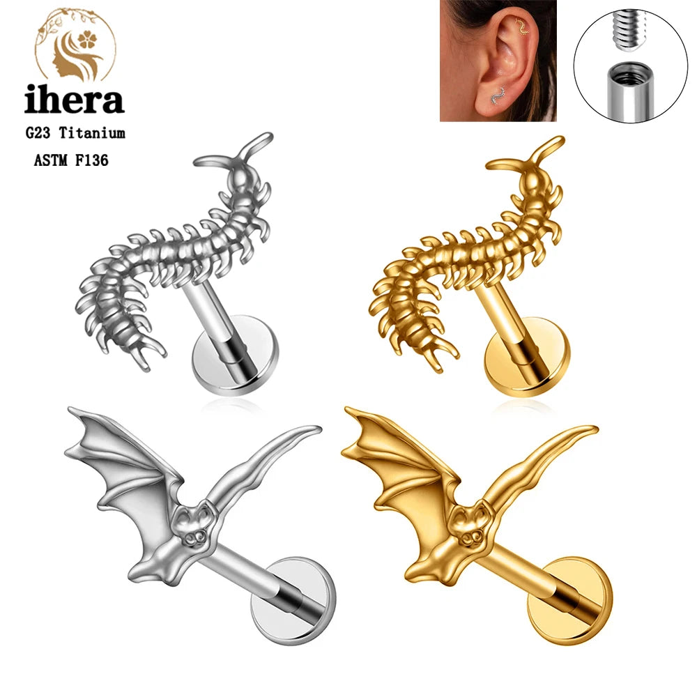 Piercing de Titanio 16G Gótico Ciempiés y Murciélago - Flat Back para Cartílago