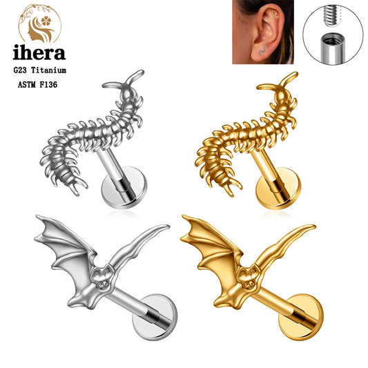 Piercing de Titanio 16G Gótico Ciempiés y Murciélago - Flat Back para Cartílago