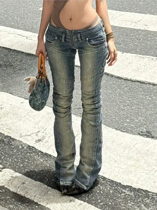 Jeans Vintage para Mujer Estilo Urbano Tiro Bajo Pantalones Largos Ajustados Patchwork Combinables Color Sólido