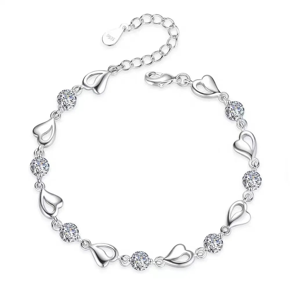 Pulsera Corazón Cristal Azul Estilo Coreano Plata 925 para Mujer