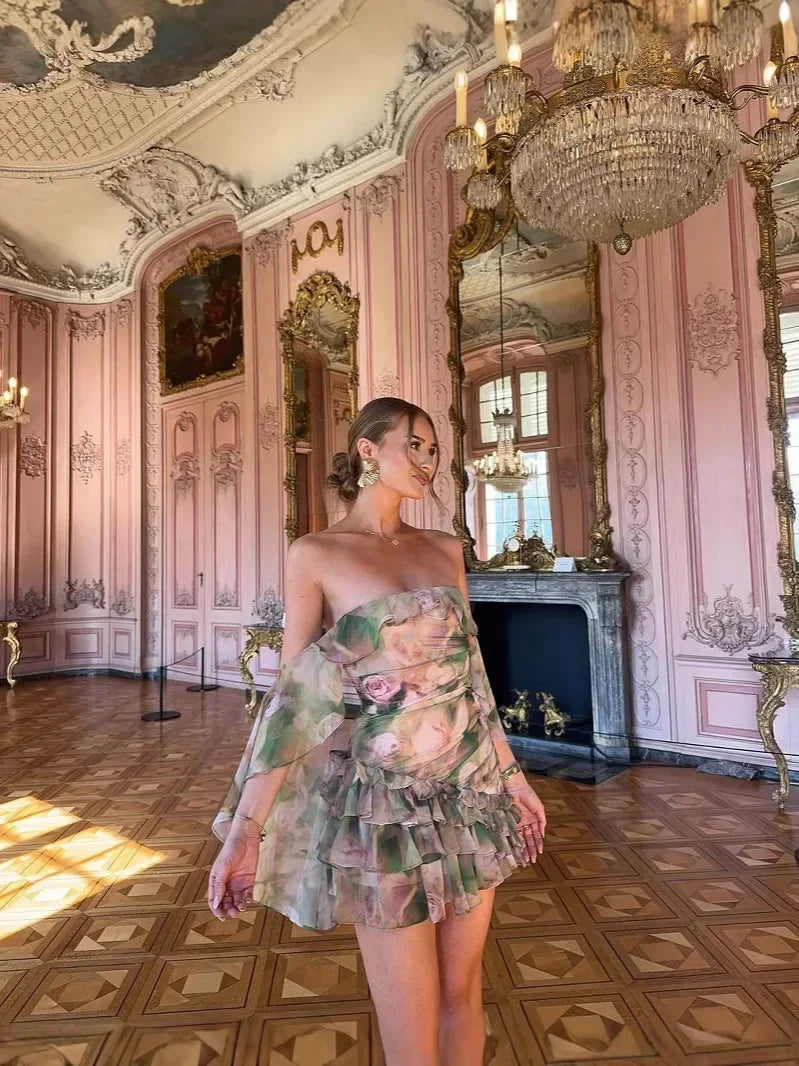 Vestido de Chifón con Volantes Sin Tirantes | Espalda Descubierta Mini Mujer