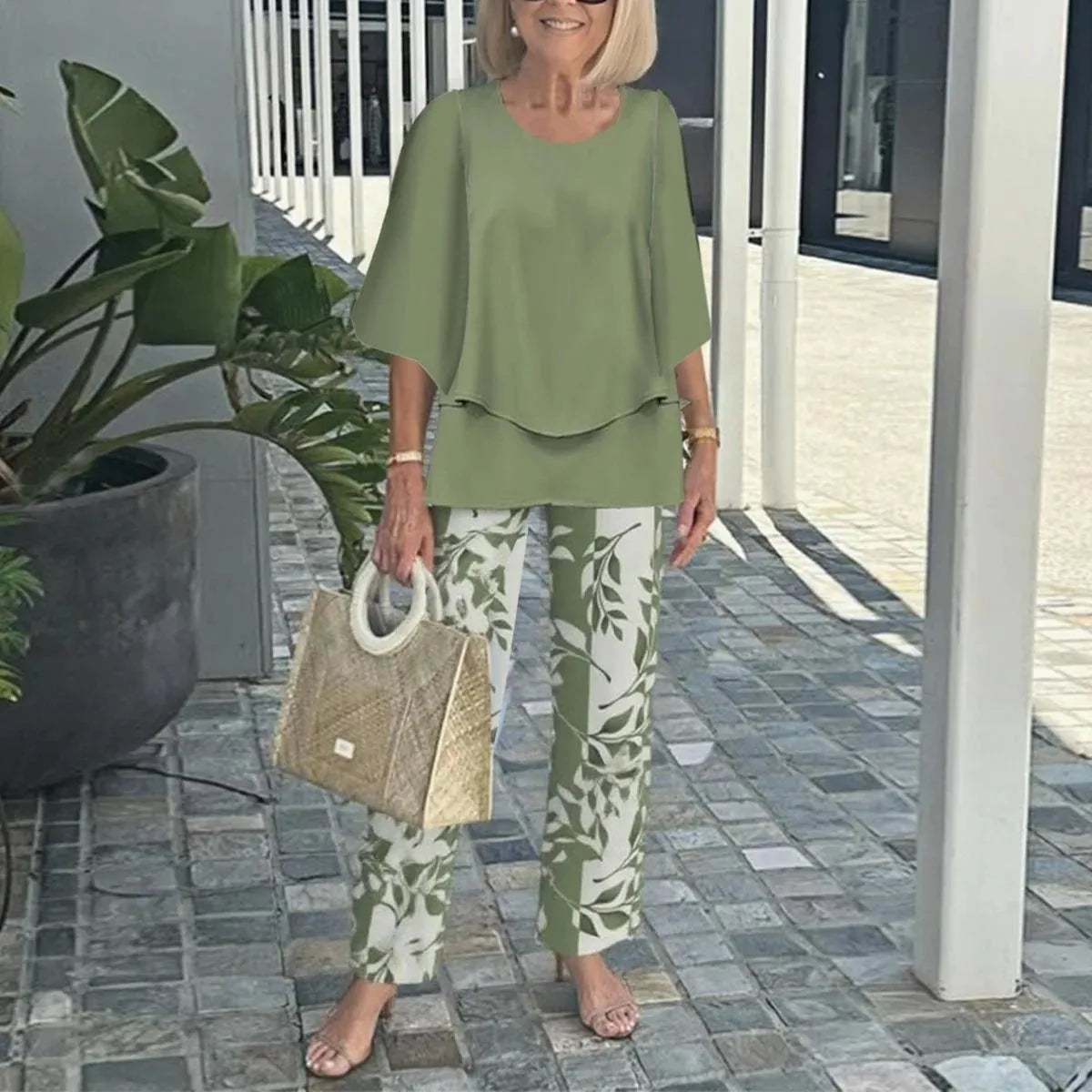 Conjunto 2 Piezas Verano Mujer | Top Estampado + Pantalón Pierna Ancha