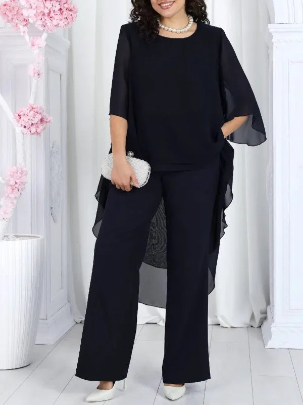 Conjunto Elegante 2 Piezas Mujer Chiffón Sólido Manga Media Top Largo con Capas Bordes Volantes y Pantalones Rectos Outfits