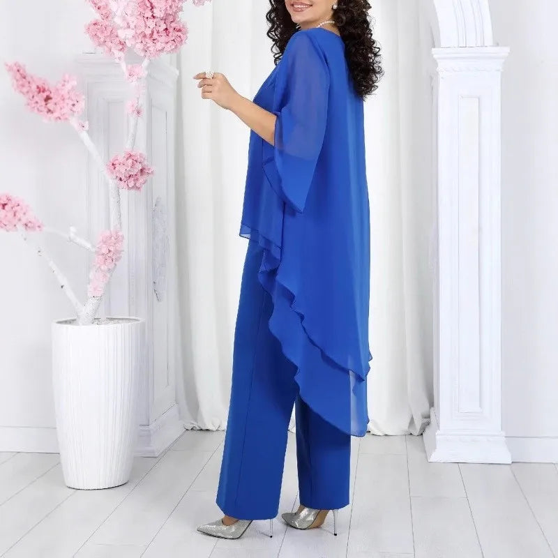 Conjunto Elegante 2 Piezas Mujer Chiffón Sólido Manga Media Top Largo con Capas Bordes Volantes y Pantalones Rectos Outfits