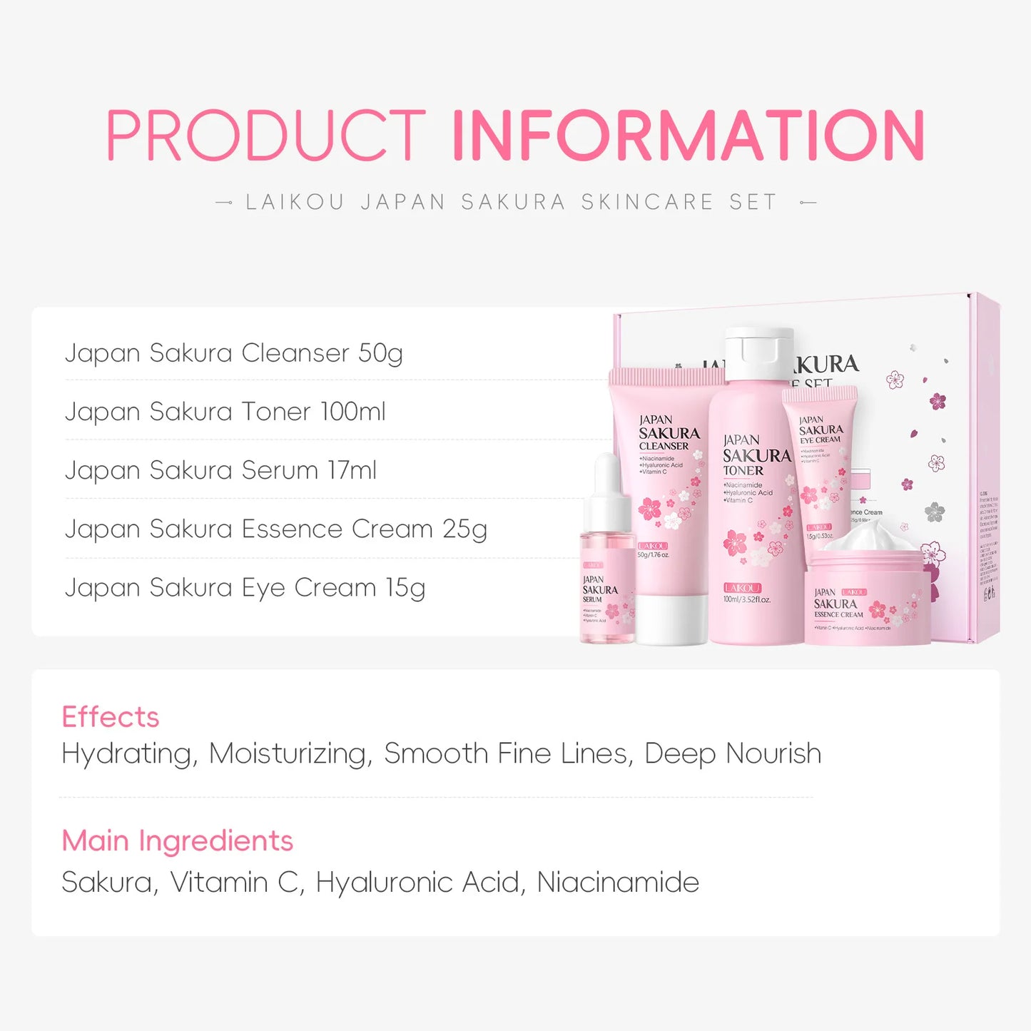 Kit Sakura LAIKOU 5 Piezas - Limpiador, Tóner, Sérum, Contorno y Crema