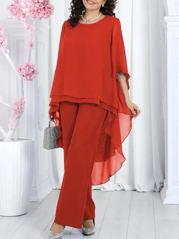 Conjunto Elegante 2 Piezas Mujer Chiffón Sólido Manga Media Top Largo con Capas Bordes Volantes y Pantalones Rectos Outfits