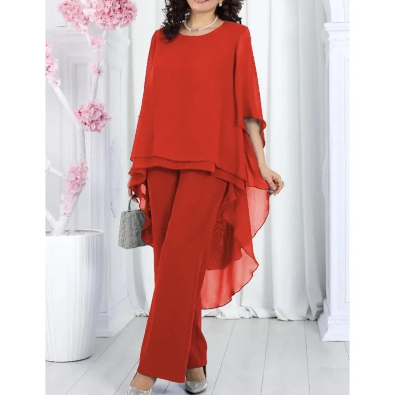 Conjunto Elegante 2 Piezas Mujer Chiffón Sólido Manga Media Top Largo con Capas Bordes Volantes y Pantalones Rectos Outfits