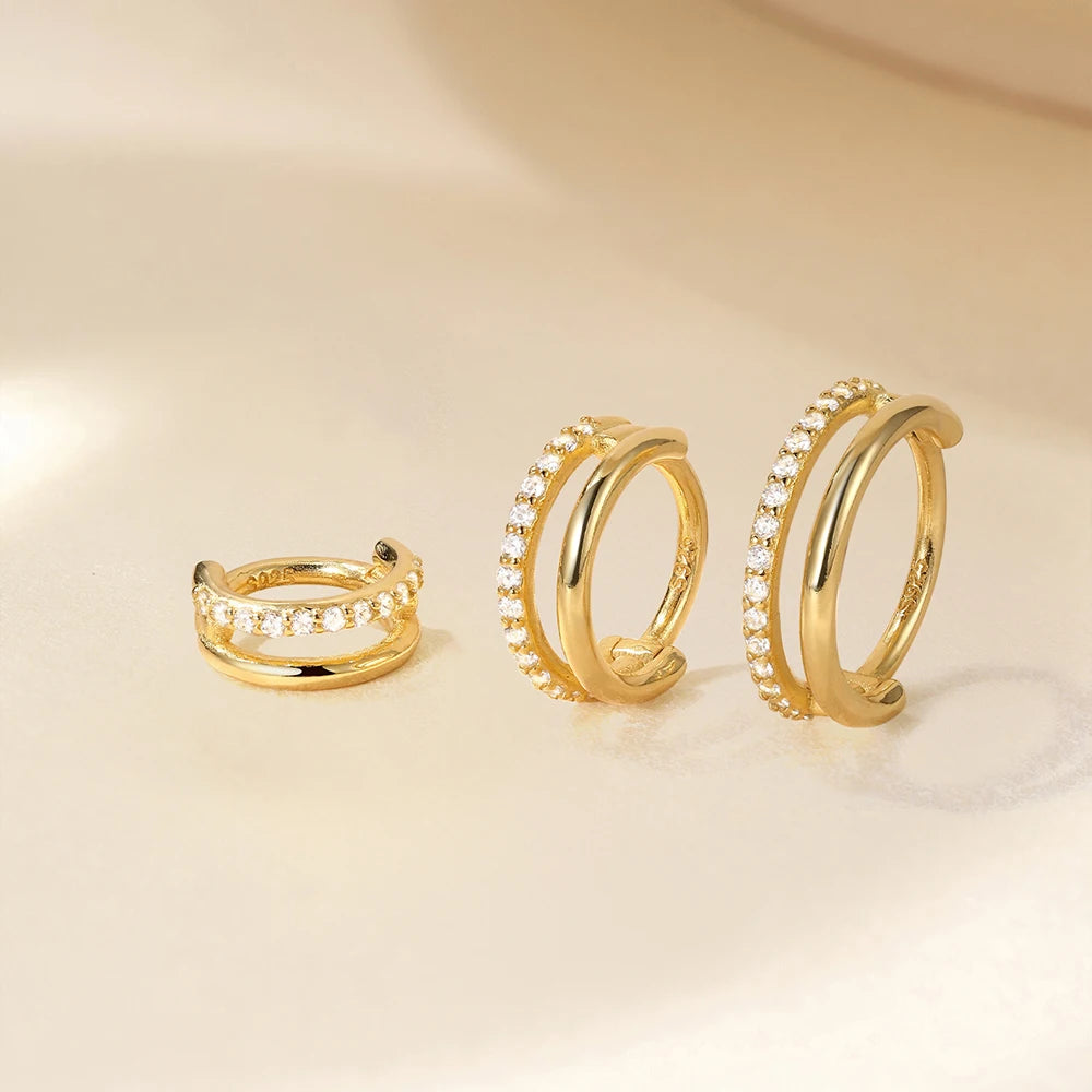 Aretes Clip Aro Doble Capa CZ Plata 925 Piercing para Mujer