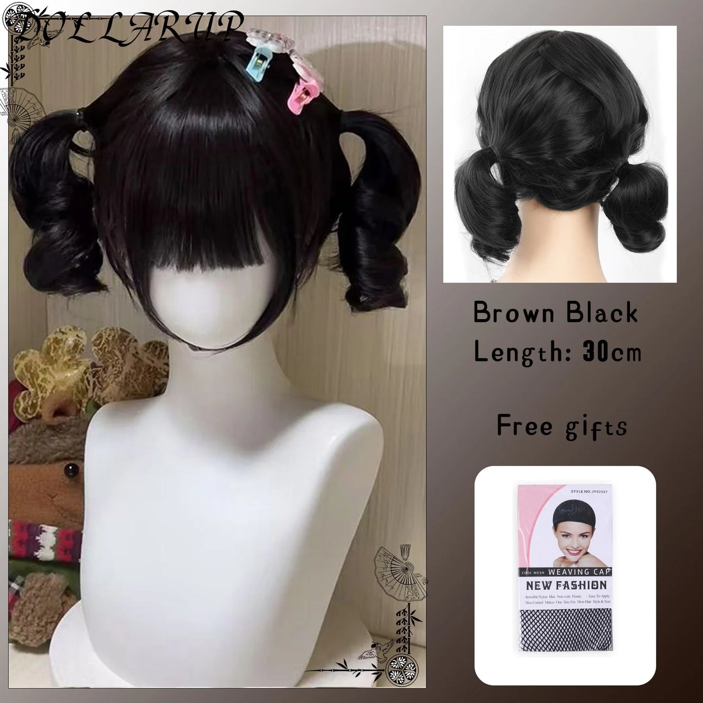 Peluca Sintética Corta con Dobles Coletas Rizadas y Flequillo – Estilo Lolita Cosplay