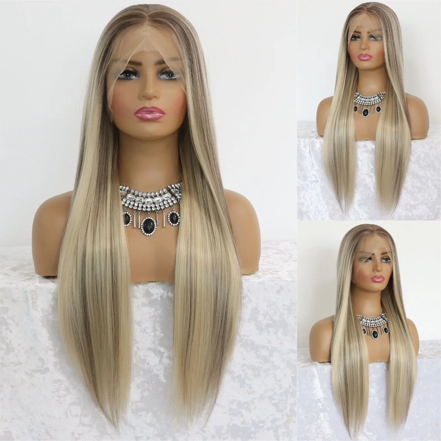 Peluca Frontal de Encaje 13x4 Rubia Ceniza con Mechas – Larga Lisa Sintética para Mujer