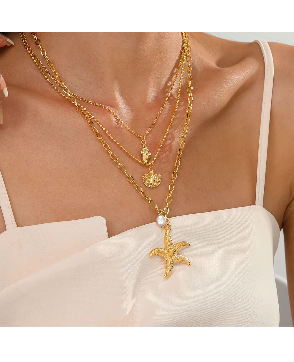 Collar Colgante Estrella de Mar Concha y Perla 3 en 1 para Mujer