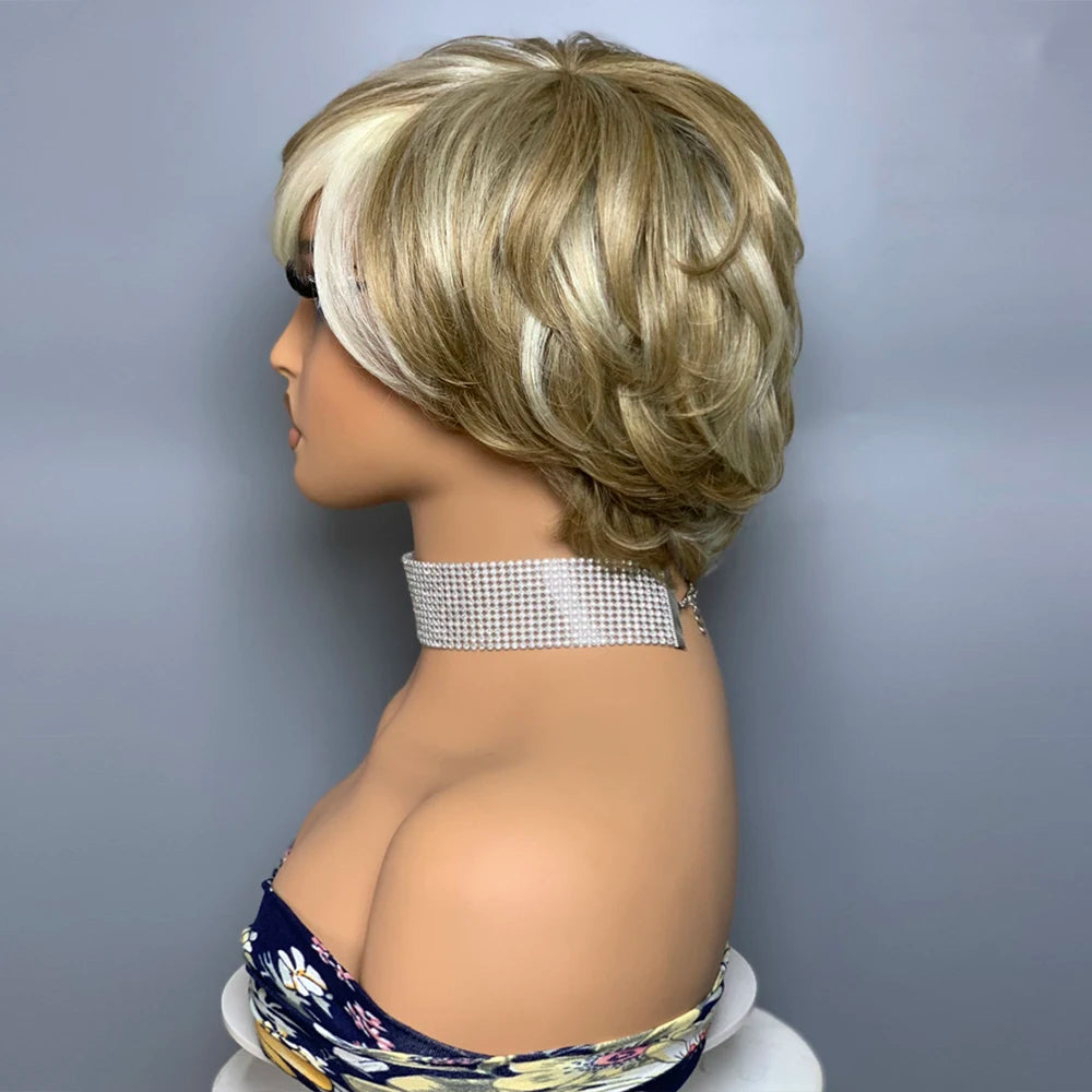 Peluca Pixie Cut Ondulada con Flequillo | Cabello Humano Natural