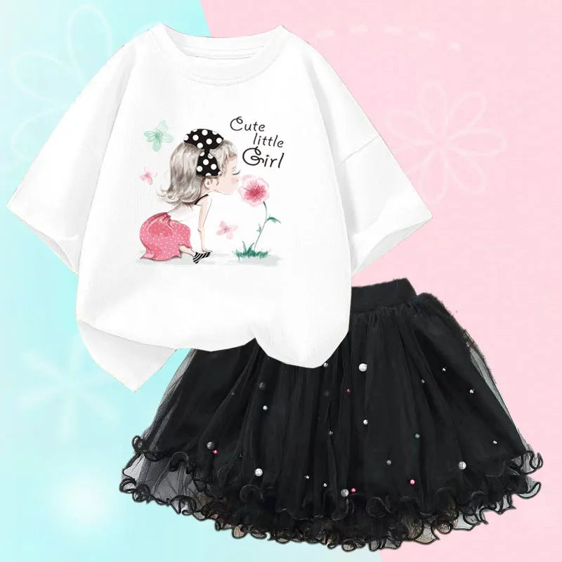 Fashion Summer Girls Clothes Korean Pretty T Shirt&mesh Tutu Skirt Two Piece Outfits Set 3-14 Year Children Party Clothing