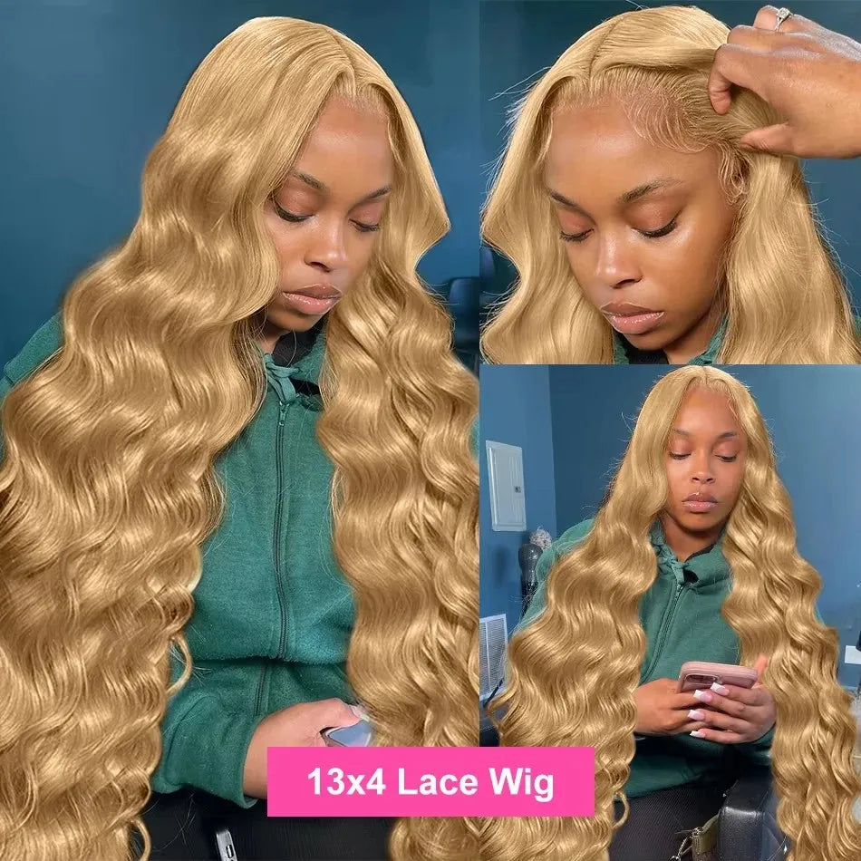 Peluca Frontal de Encaje 13x6 HD Rubia Miel Ondulada – 100% Cabello Humano Brasileño Predesplumada