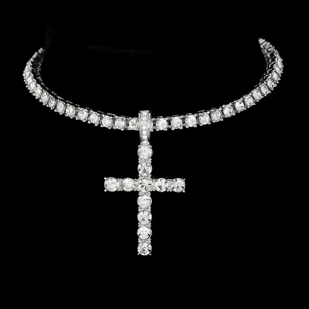 Collar Colgante Cruz Hip Hop con Cadena Tenis Zircon para Hombre y Mujer