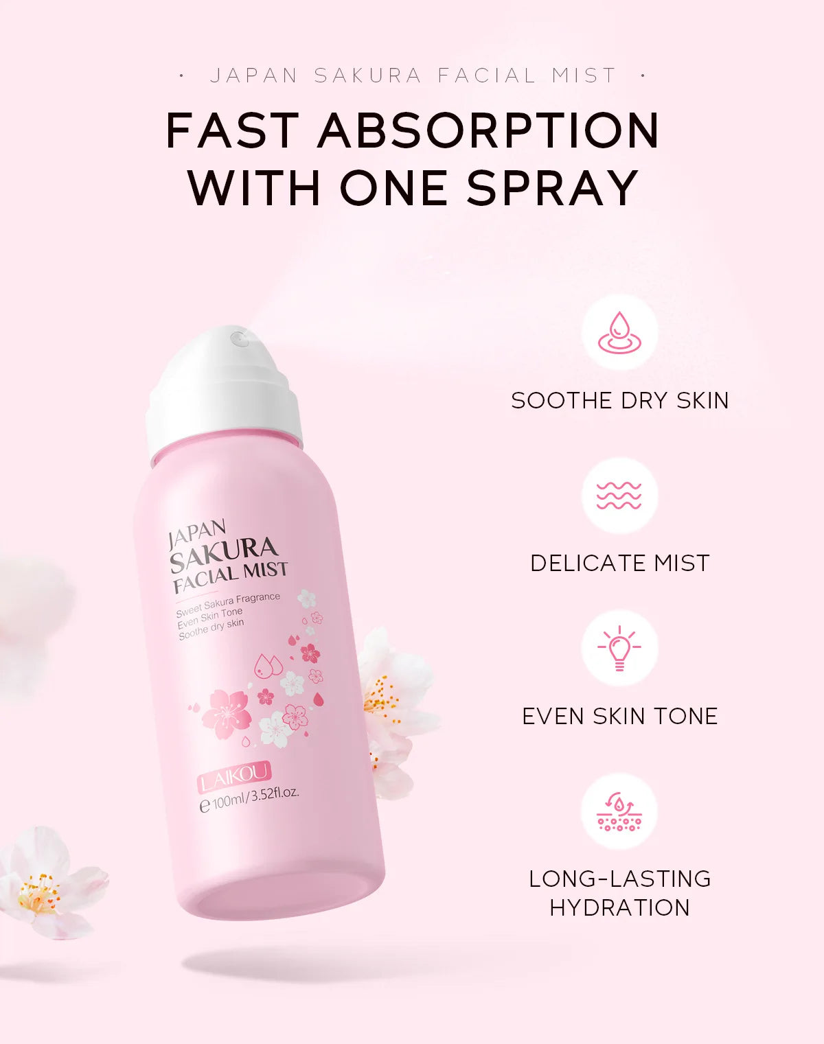 LAIKOU Sakura Facial Mist  Toner Hydrating Moisturize Gentle Repair Brightening Skin Improve Glow Serum Toner Spray 100ml