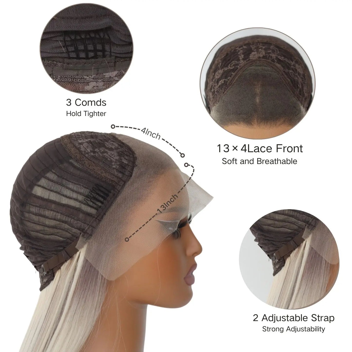 Peluca Frontal de Encaje 13x4 Rubia Ceniza con Mechas – Larga Lisa Sintética para Mujer