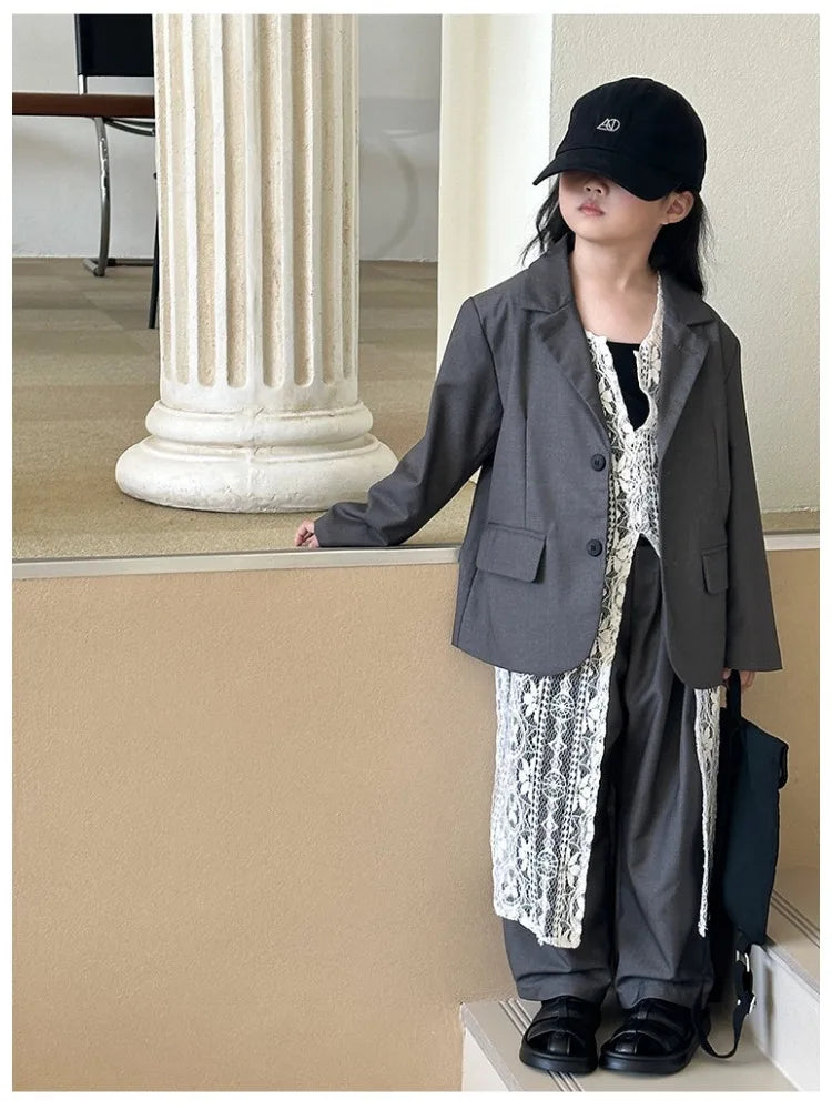 Girls Grey Suit Spring 2026 Casual Loose Blazer Skirt Two Pieces School Uniform for Kids Wedding Party Formal Costumes 2-13 Year