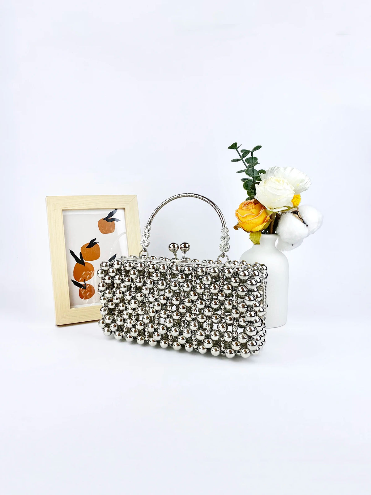 Bolso Pequeño Plateado con Cuentas para Fiesta