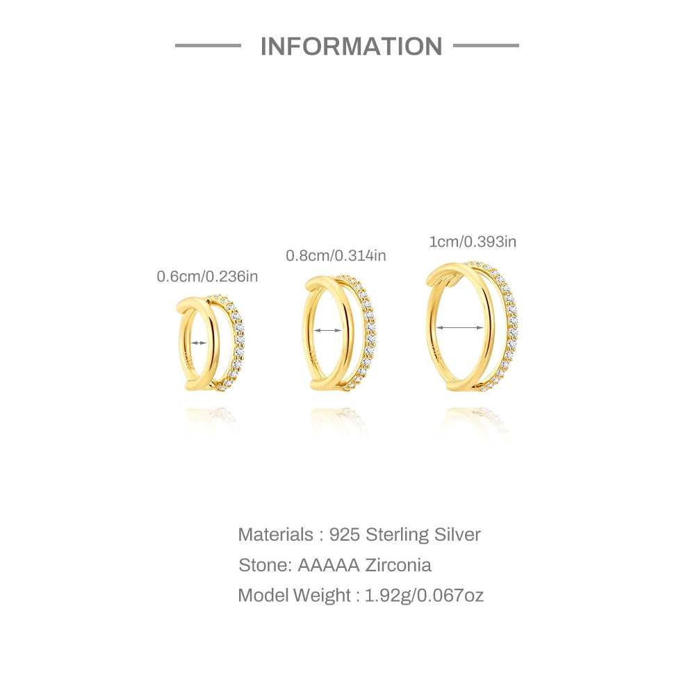 Aretes Clip Aro Doble Capa CZ Plata 925 Piercing para Mujer