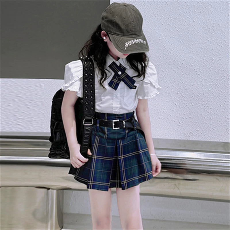 Conjunto Preppy Coreano de Verano para Niña – Blusa + Falda a Cuadros 2 Piezas con Cinturón