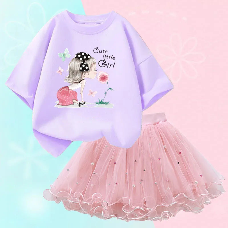 Fashion Summer Girls Clothes Korean Pretty T Shirt&mesh Tutu Skirt Two Piece Outfits Set 3-14 Year Children Party Clothing