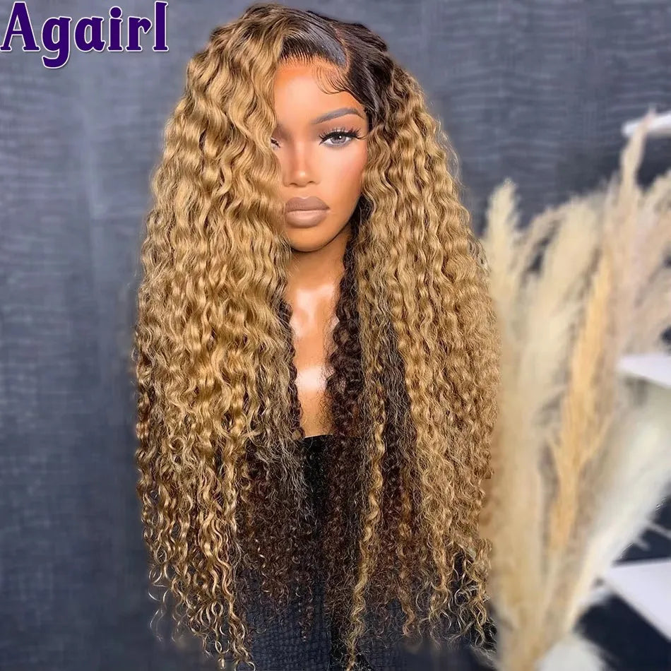 Peluca Curly Honey Blonde 13x6 | Cabello Humano Ombre 200% Densidad Glueless