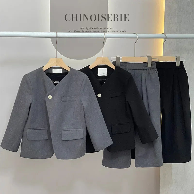 Girls Grey Suit Spring 2026 Casual Loose Blazer Skirt Two Pieces School Uniform for Kids Wedding Party Formal Costumes 2-13 Year