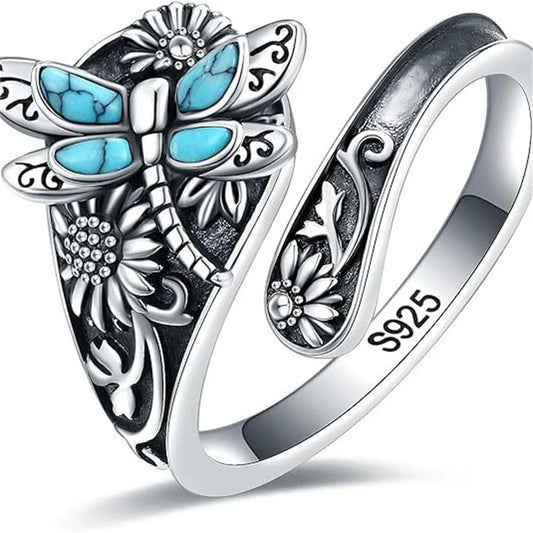 Anillo Vintage Flor Libellúla Ópalo Azul Ajustable Unisex